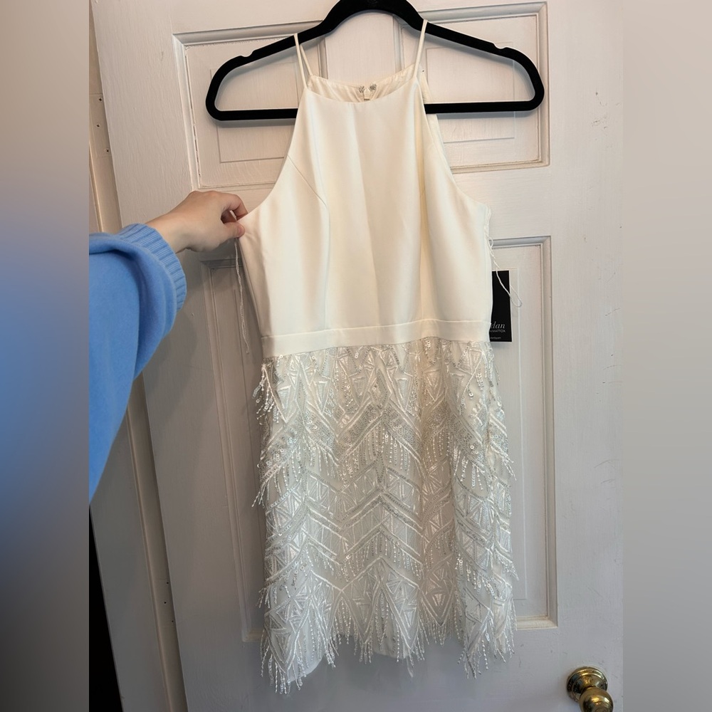 Fringed white Aidan Maddox cocktail dress hand embroidery